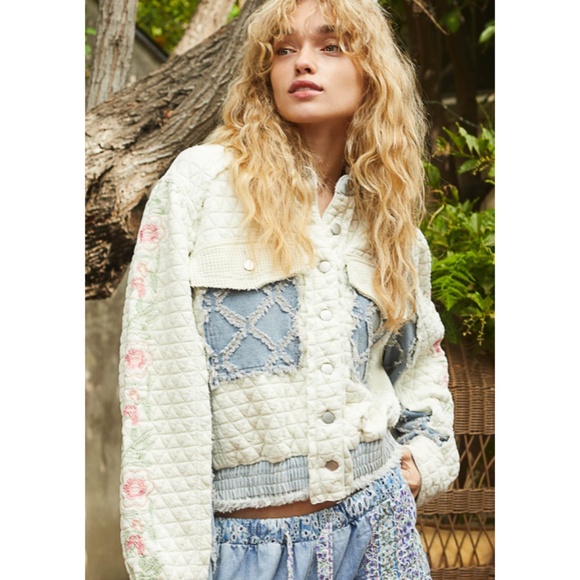 POL Jackets & Blazers - POL Quilted Patchwork Jacket in Cream with Blue and Pink Floral Accents